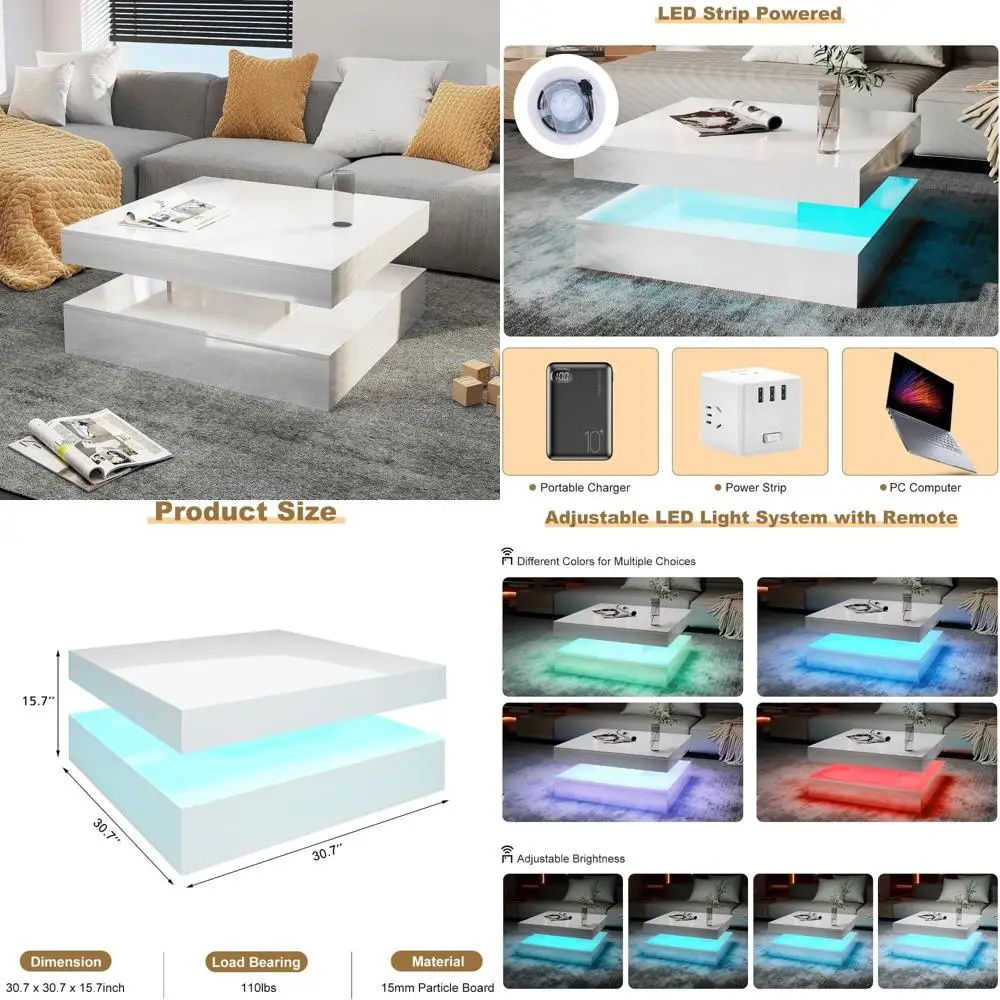 

Modern High Glossy Wood 2-Tier Square Coffee Table with Storage for Living Room