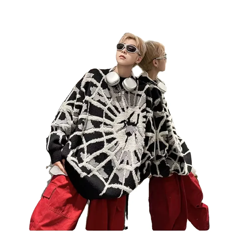 เสื้อสเวตเตอร์ผู้ชายไซส์ใหญ่ 300 ปอนด์ ลายปักแมงมุม สไตล์วินเทจ ดีไซน์สตรีทแฟชั่น ทรงหลวม สไตล์ลำลอง ถักนิตติ้ง