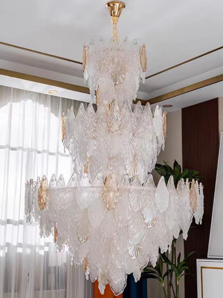 

Villa Chandeliers Duplex Ceiling Living Room Lamps Creative Leaves Ginkgo Leaves Crystal Glass High-end Wholesale Pendant Lamps