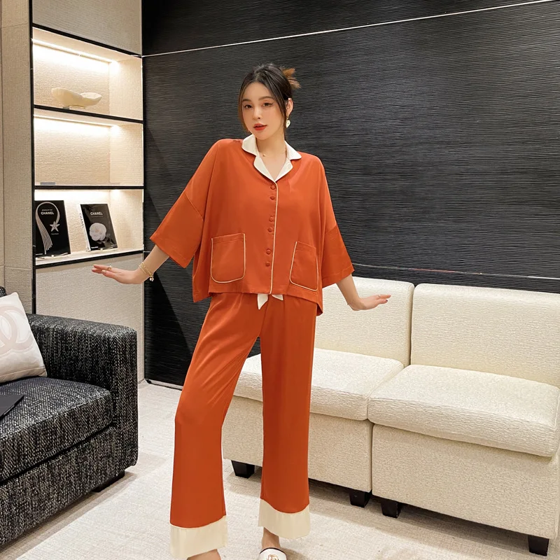 Solid Color Splicing Sleep Set Pajamas Lapel Sleepwear 2Pcs Shirt Pant Home Wear Casual Home Clothes Pj Suit Nuisette Femme