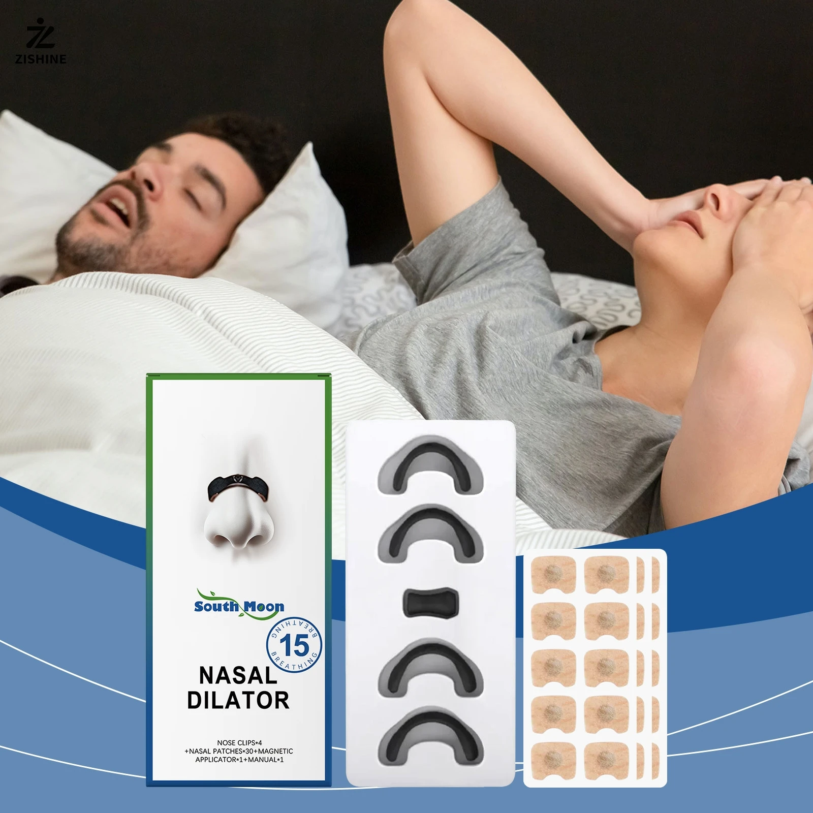 15PC Non-invasive nasal dilator kit, sleep nasal strips, improve nasal breathing, anti-snoring magnetic nose clips and strips.