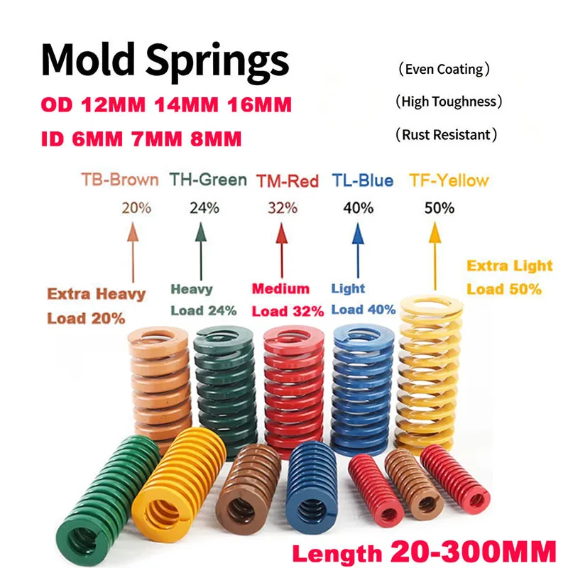 65Mn Mould Die Spring OD 12/14/16mm Spiral Compression Springs Inner Diameter 6/7/8mm Length 20-300mm