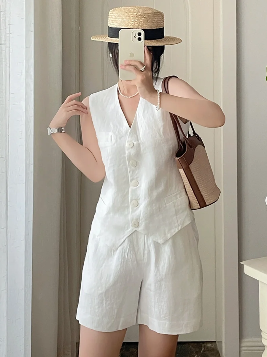 

Women's Fashionable Vintage Lin Vest Shorts Two-Piece Set Sleeveless Suit Vest Jacket Outerwear Short Length Cotton Fabric