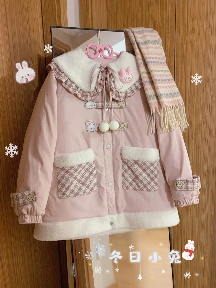 

Japanese Kawaii Sweet Pink Plaid Coat Women Autumn Winter All-match Thicked Warm Tops Harajuku Mid-length Loose Jackets