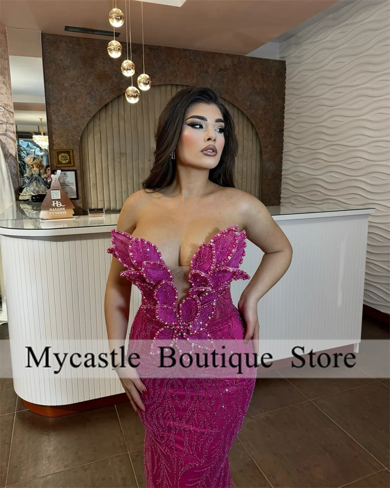 فساتين سهرة حورية البحر مطرزة بالدانتيل الوردي الساخن للنساء 2025 أنيقة مزينة على شكل قلب فستان حفلة عيد ميلاد مخصص