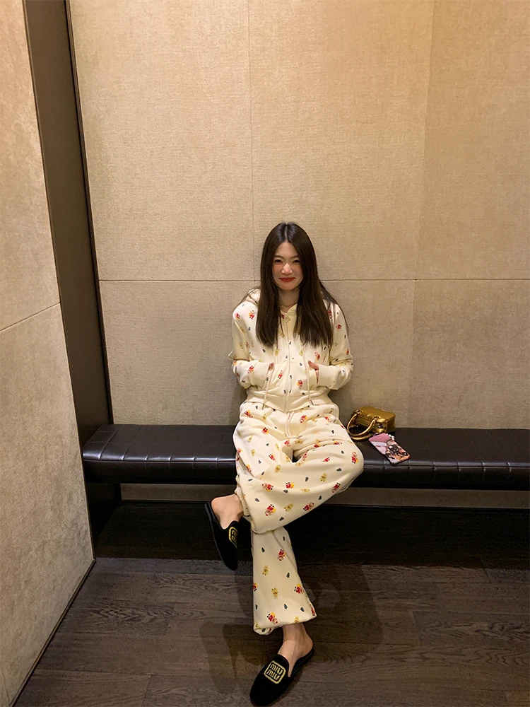 

Women's Sportswear Set Long Sve Hooded Zipper Jaet And Pants Printed Design Two-Piece Suit Casual Comfortable Cotton