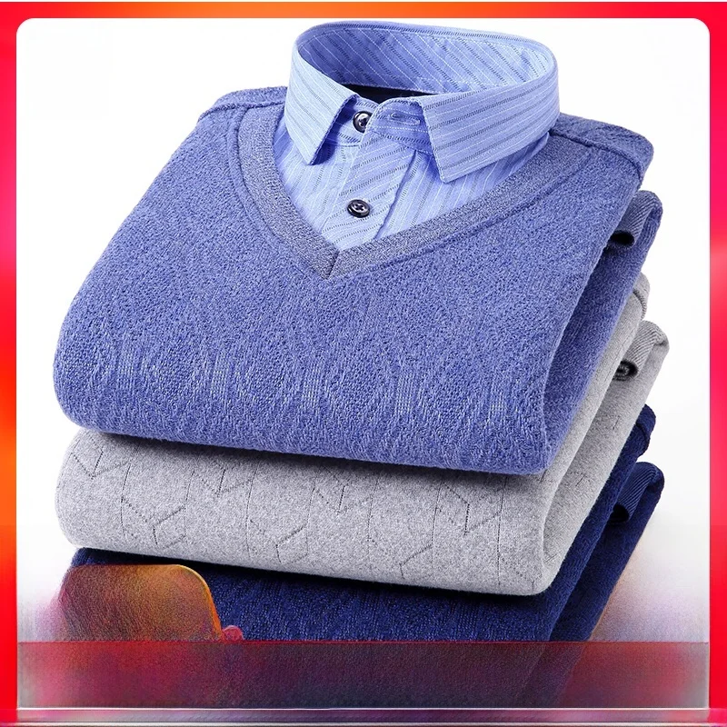 

Men's Winter Warm Fleece Lined Thickened Long Sleeve Shirt Casual Knitted Sweater Business Casual Style Standard Fit Button up