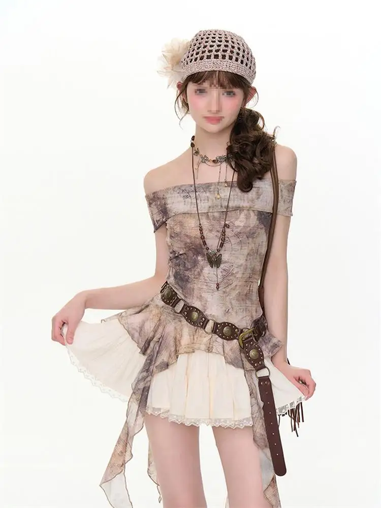 Brown One Shoulder Printed Slimming Short Skirt Two Piece Set Summer New Style Asymmetrical Hem Commute Style Korean Version