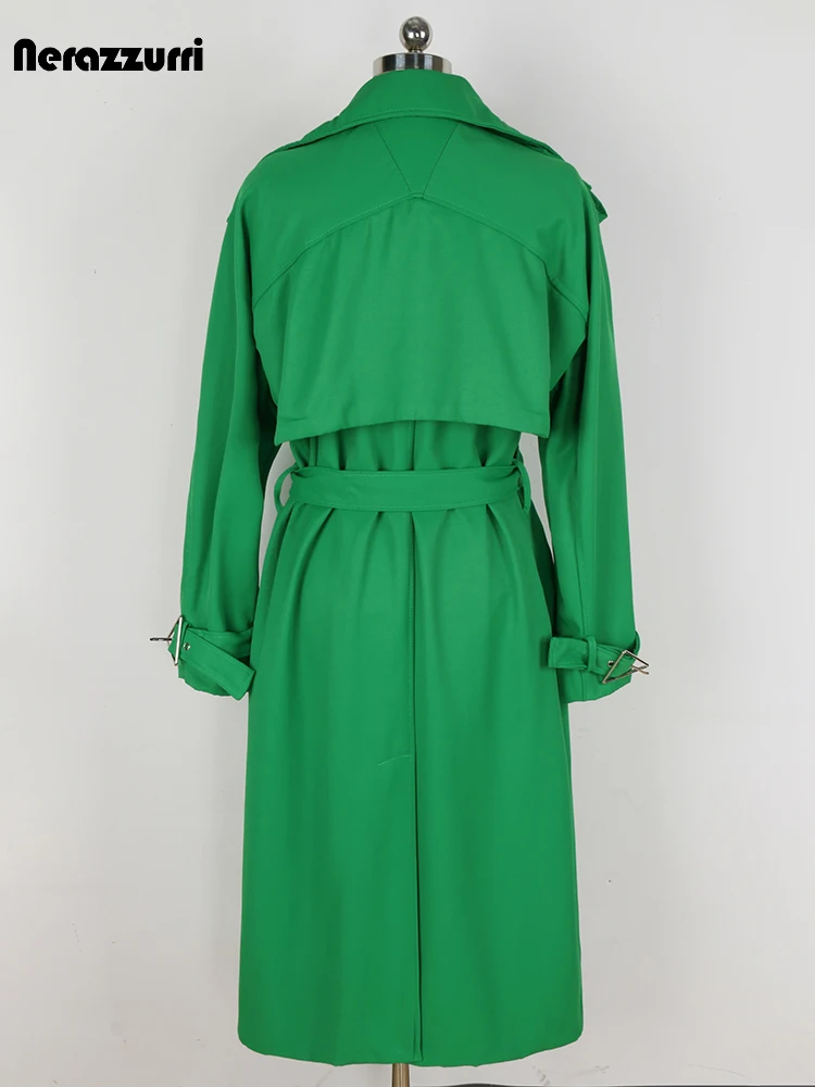 Nerazzurri Spring Autumn Chic Long Green Trench Coat for Women with Back Slit Belt Luxury Designer Clothes European Fashion 2024