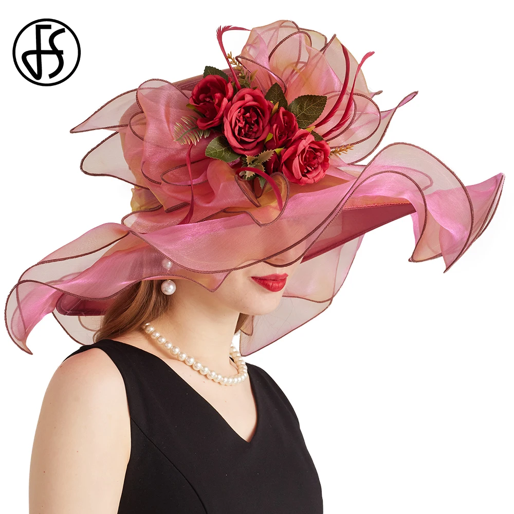 FS Luxury Brand Church Hat For Women Wide Brim Kentucky Derby Cap With Flower Red Green Organza Fascinator Hats Chapeau Femme