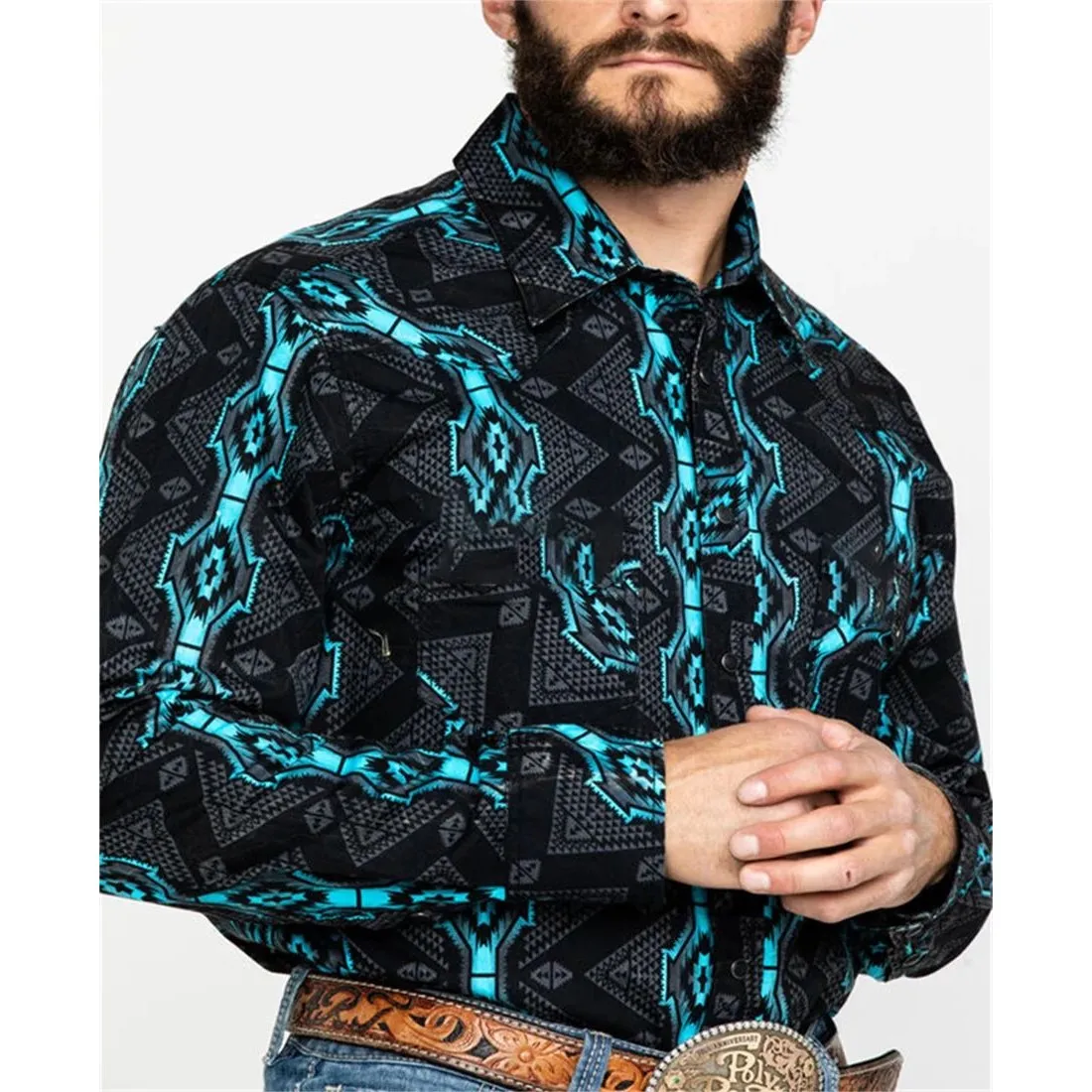 Western Tribal Denim Shirt for Men Casual Outdoor Party HD Pattern Special Wide Fit Fleece Lined Thickened  Collar