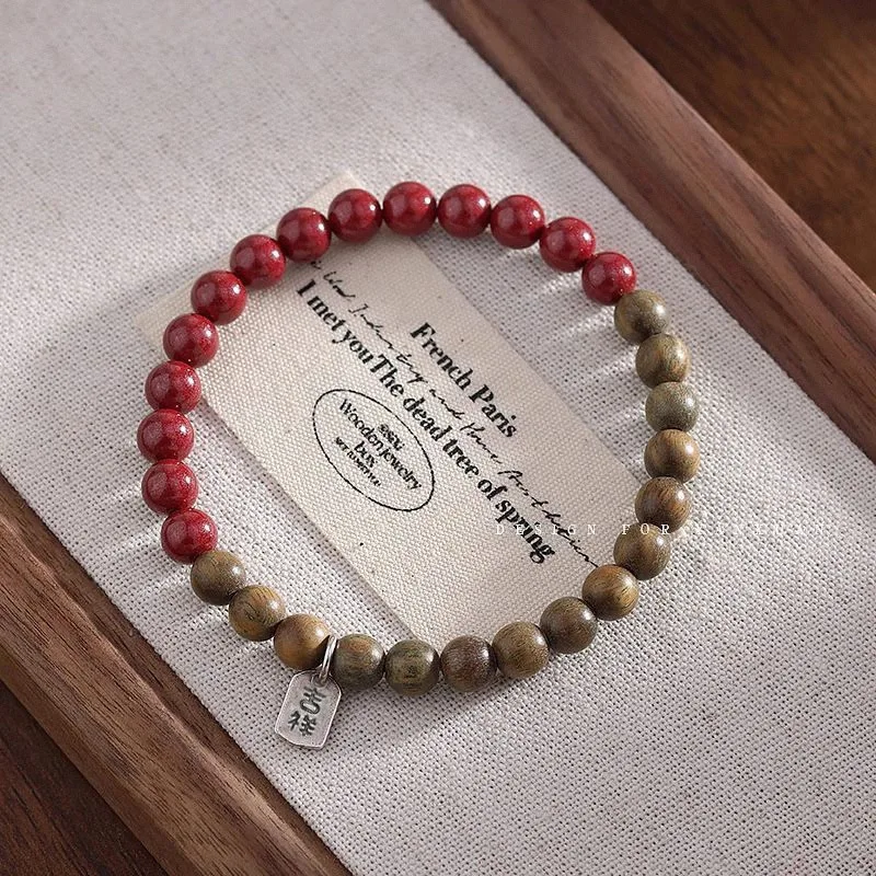 Authentic Green Sandalwood Bracelet Cinnabar Calming Blessing Pendant Bracelet Milky Fragrance Wooden Playable Buddhist Rosary