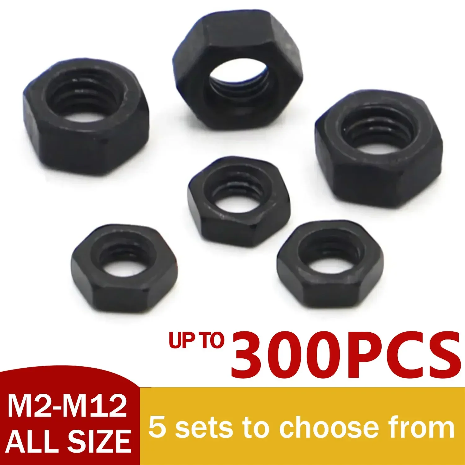 70-300PCS DIN934 Black Carbon Steel M2 M2.5 M3 M4 M5 M6 M8 M10 M12 Hex Hexagon Nut Set Assortment Kit