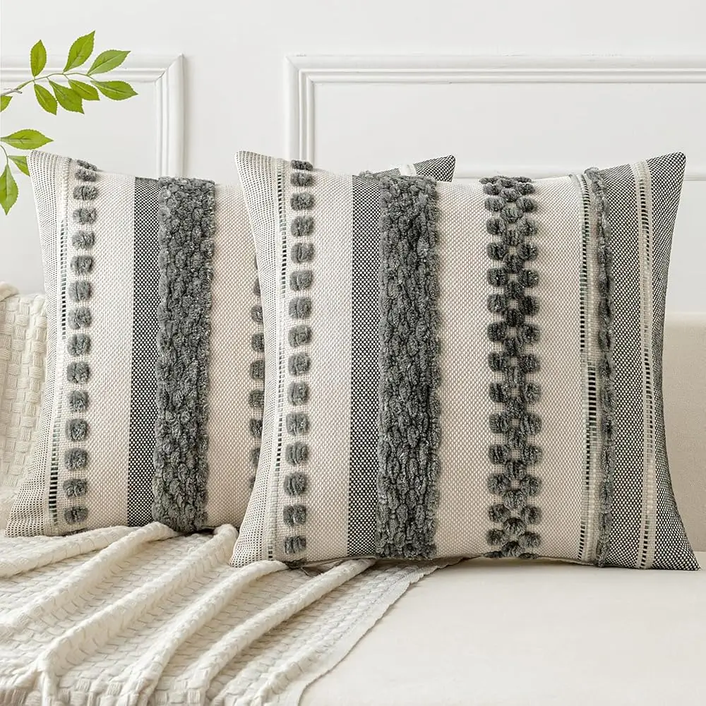 

Gray Boho Throw Pillow Covers Set Of 2 18X18 H Decorative Cushion Cases Multicolor Striped Chenille Pillow Covers Accent