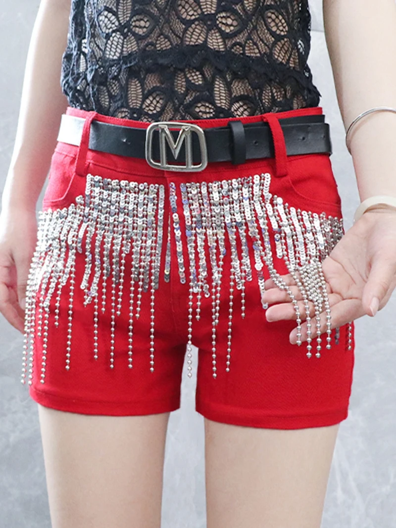 

Модные джинсы с бахромой, женская верхняя одежда, яркие блестки, со средней талией, утягивающие модные хлопковые эластичные джинсовые шорты