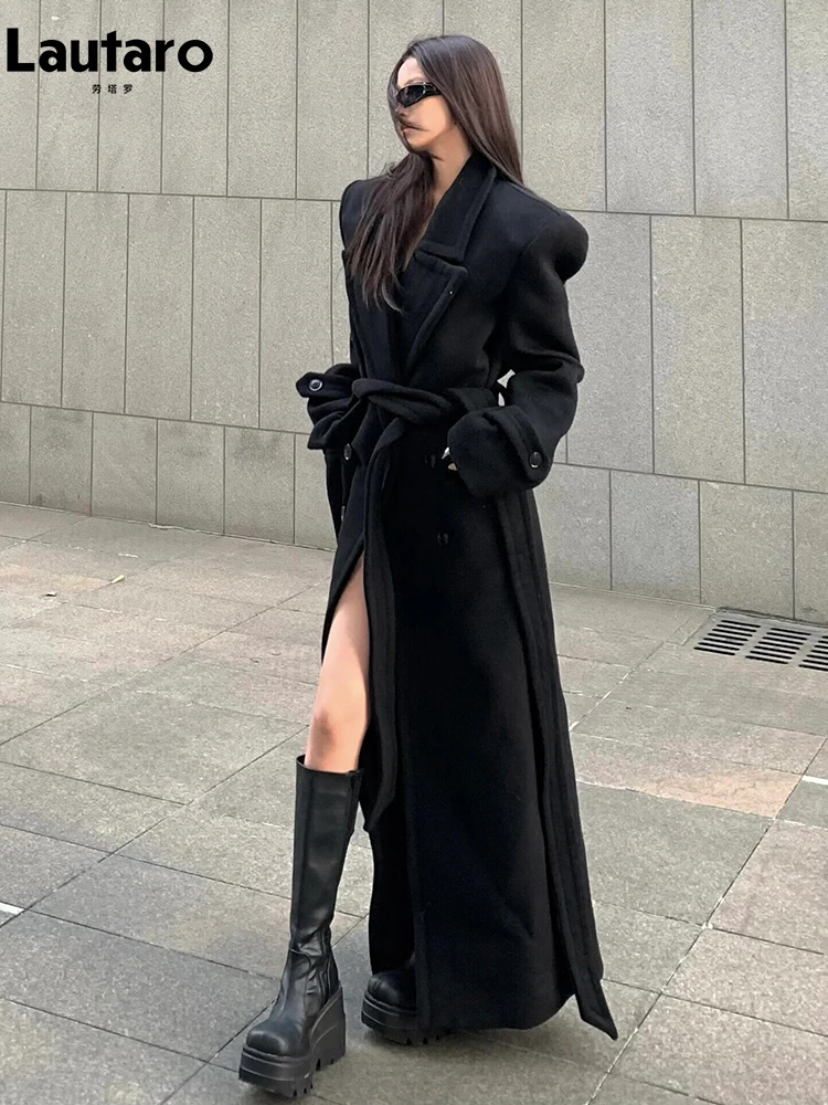 

Lautaro Autumn Winter Extra Long Black Warm Wool & Blends Coat for Women Shoulder Pads Sashes Double Breasted Woolen Overcoat