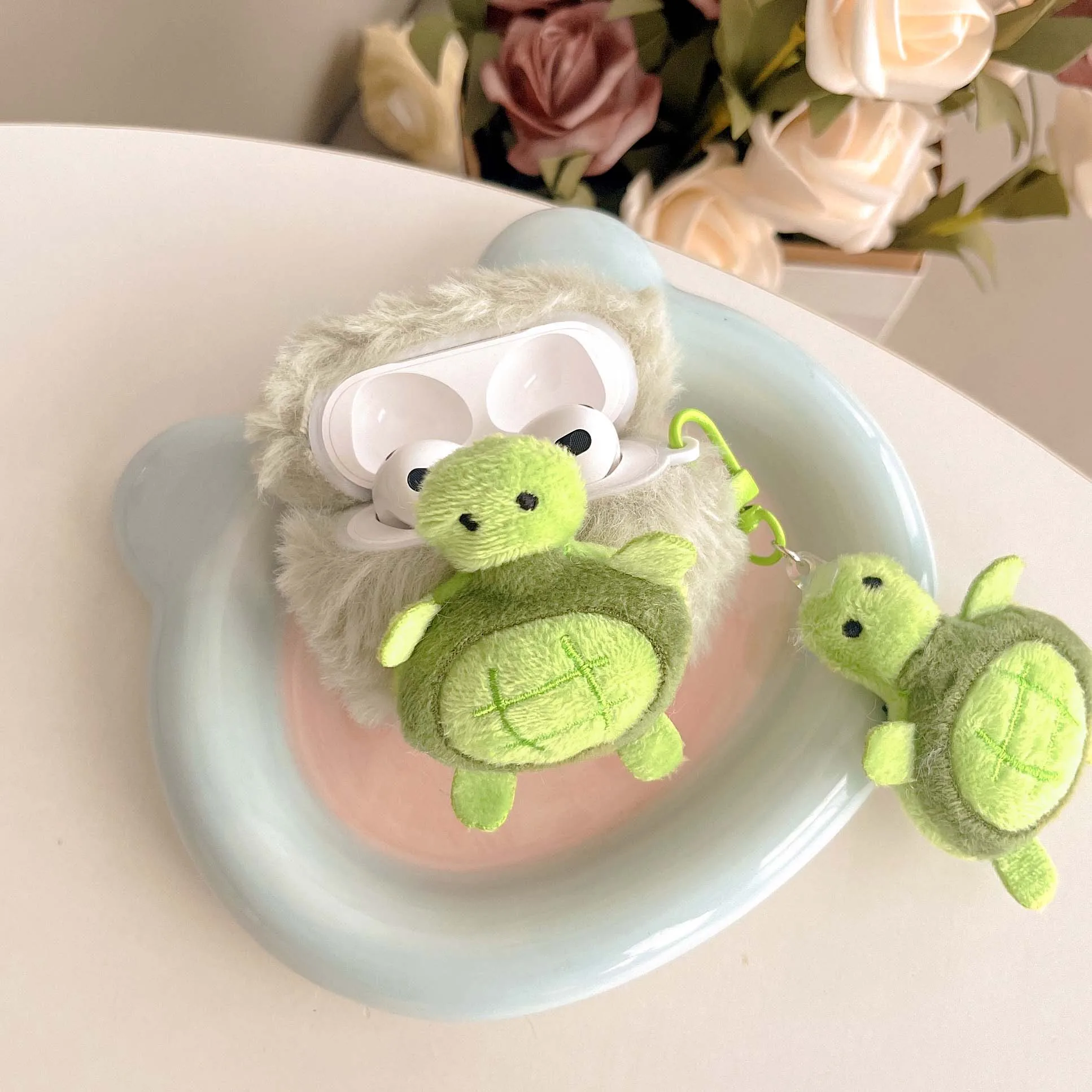 Cartoon green plush turtle headset case for apple airpods pro2nd pro 3 1 2 cute pendant hair protector fundas charging box