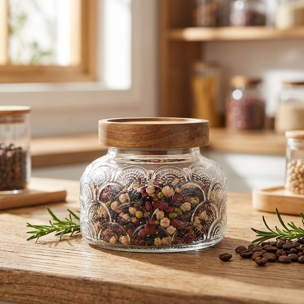Glass Storage Jar Elegant Kitchen Organization for Home Cooks Airtight Borosilicate Canister Retro Embossed Wood Lid