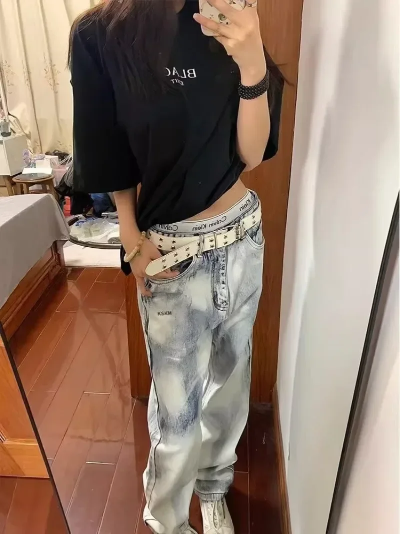 Korean Women's White Cargo Jeans Vintage High Waist Wide Leg Denim Trousers Harajuku Baggy Jean Pants Y2k Streetwear Clothes