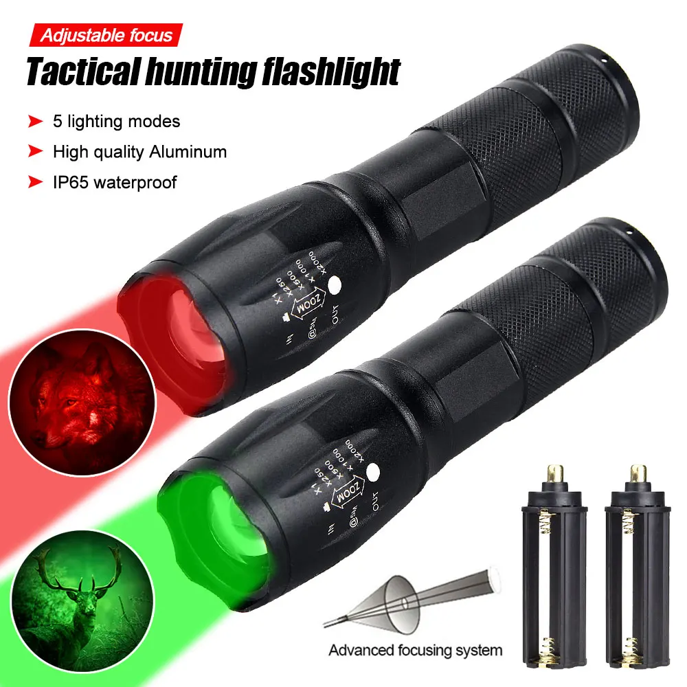 Tactical Hunting Flashlight Green/Red Light Zoomable LED Torch USB Rechargeable 5 Modes Lamp for Outdoor Camping Hiking