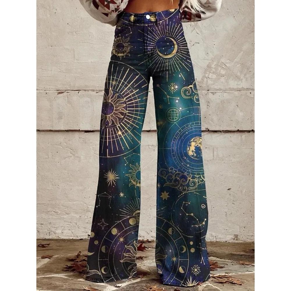 Y2K Aesthetic Celestial Sun Moon Star Printed High Waist Wide Leg Pants Women Grunge Streetwear Casual Loose Trousers Plus Size