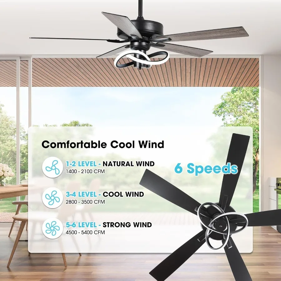 Ventilador de teto de 52 polegadas com luz integrada e controle remoto para quarto Design preto de baixo perfil adequado para pátios ao ar livre F