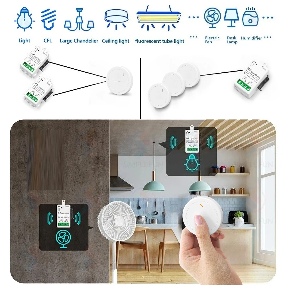 RF433Mhz Sakelar Lampu Remote Control Nirkabel AC110V 220V 10A Relai Modul Mini Rentang Kontrol Adaptor 50M untuk Kipas Lampu TV LED