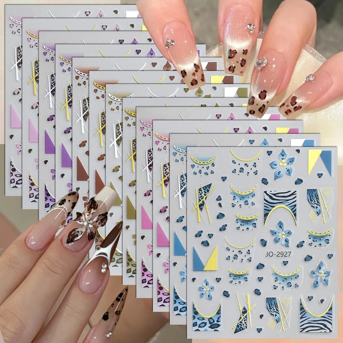 2/3/6/12 Blatt 3D Leoparden-Zebra French-Tip Nagelaufkleber Tiermuster Blumen Geometrische Selbstklebende Nagelsticker