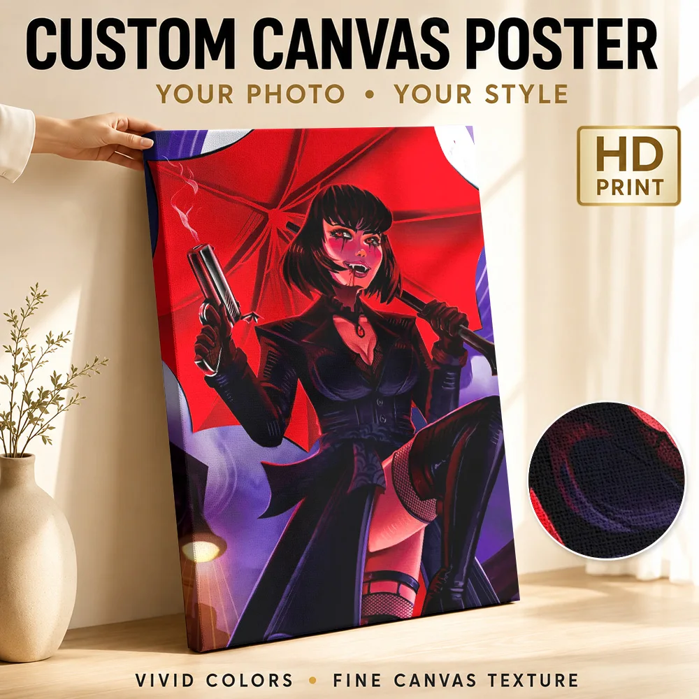 Vampire Woman with Gun and Umbrella Framed Canvas Poster Personalized Gothic Horror Wall Paintings Decoration for Home Theater