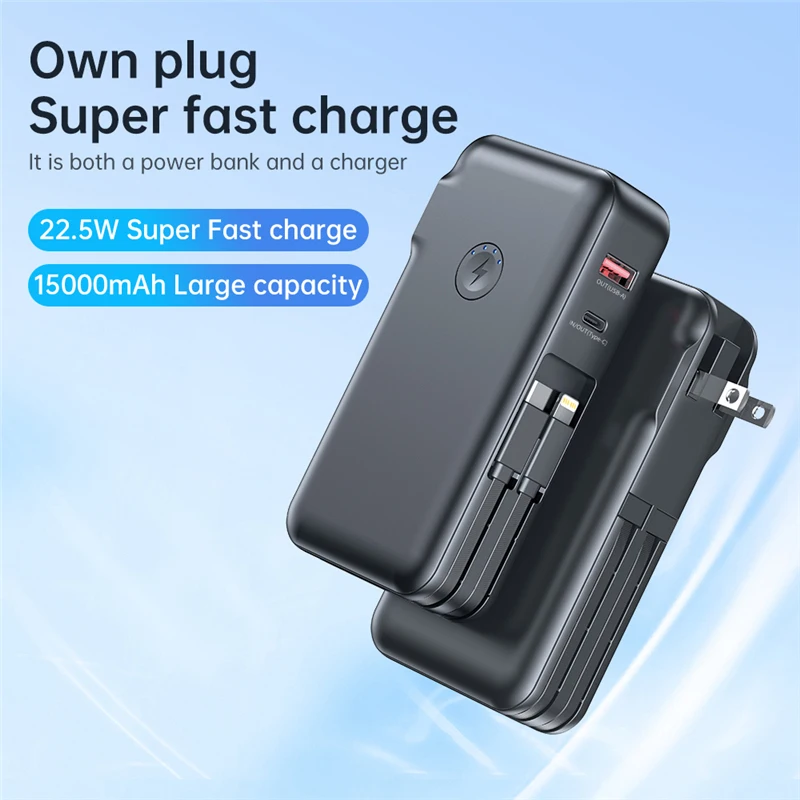 

Travel Wall Charger Power Bank 15000mAh with AC Plug Cable Fast Charging Powerbank for iPhone Huawei Xiaomi Tablet Spare Battery