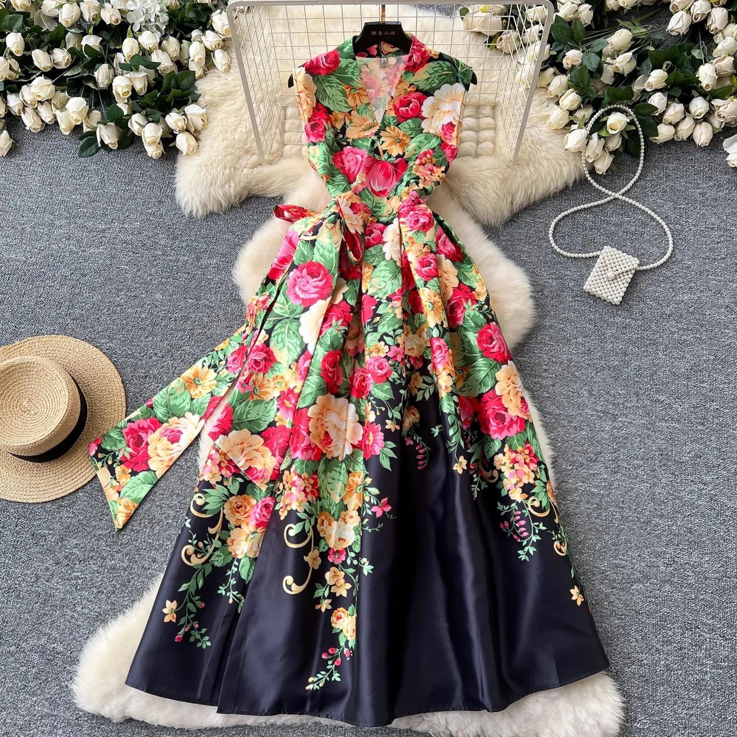 Vintage Floral Bandage Lace Up Wrap Dress Women's Sleeveless Cross V Neck Thick Stain Flower Print Pocket Boho Party Clothes