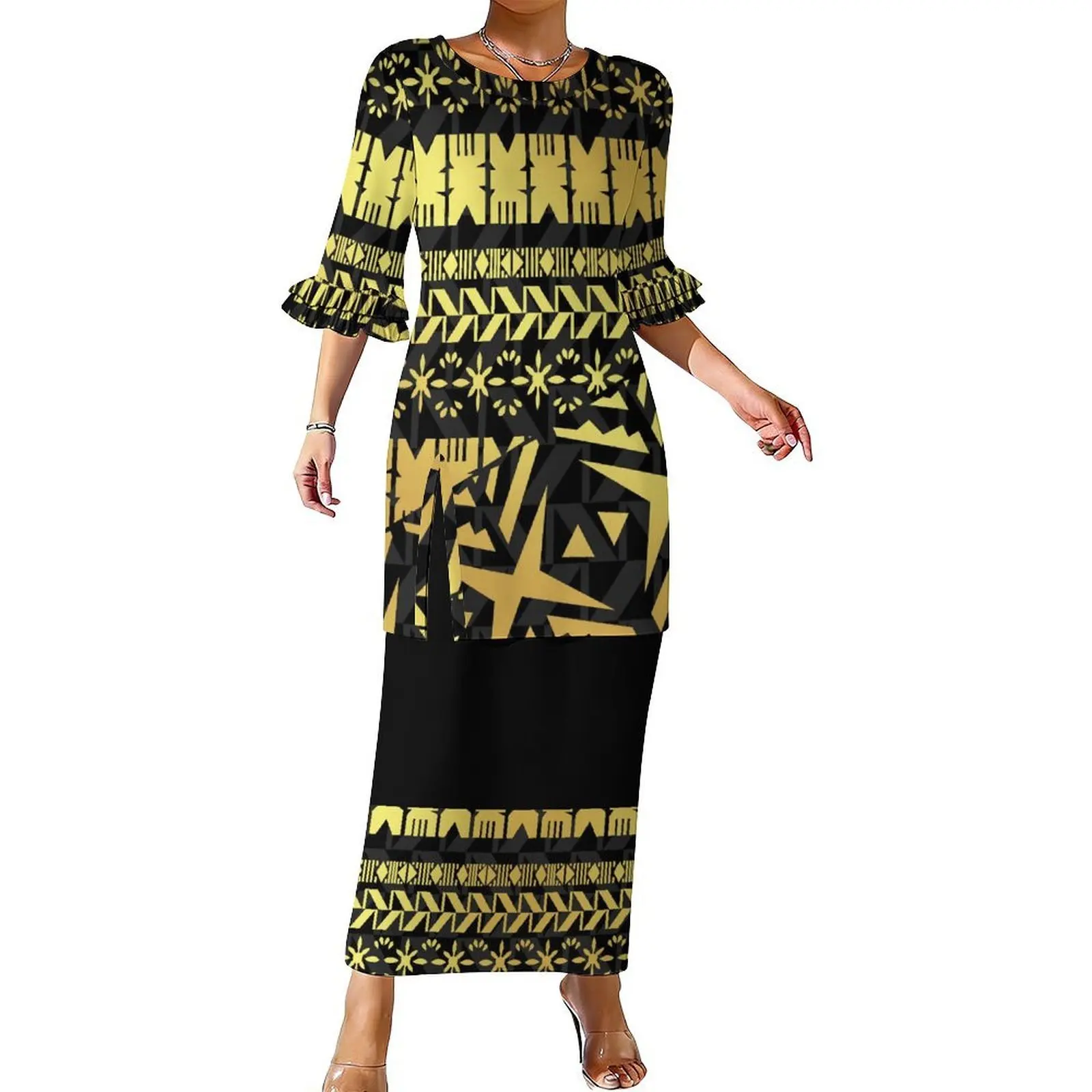 Customized Suit Skirt Pattern - Polynesian Women'S Summer Floral Print Double-Layered Ruffled Sleeves Retro Puletasi Style