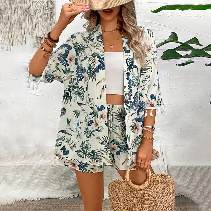 Short Sleeve Women Tassel Hawaiian Summer Printed Sun Protection Shirt Short Two-piece Suit