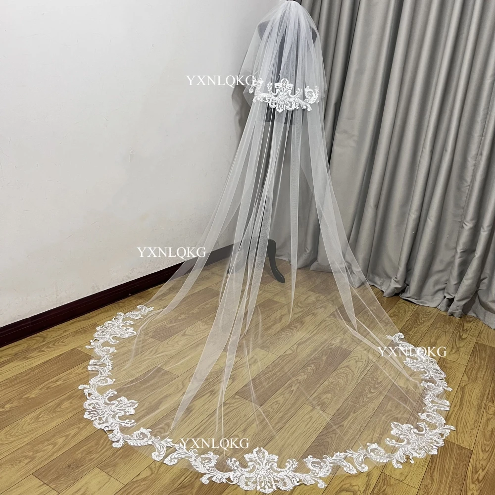 Foto reali bianco/avorio matrimonio velo a 2 strati pizzo ondulato Mantilla velo da sposa in pizzo con pettine accessori da sposa velo Veu De Noi