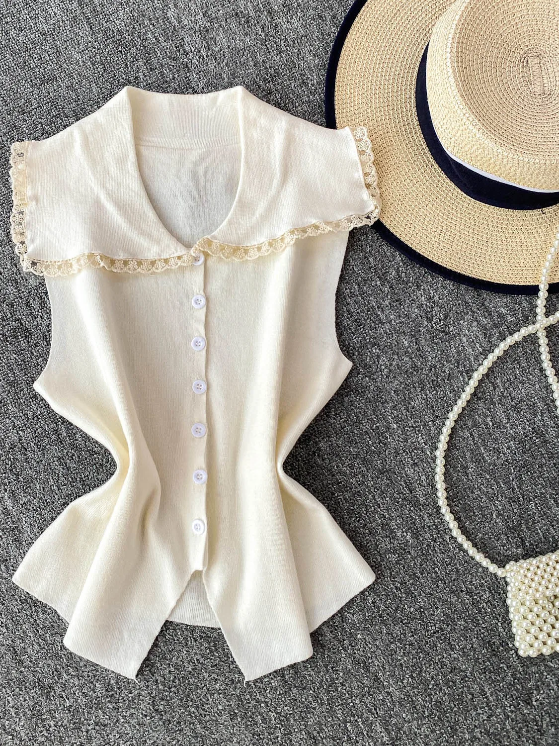 

Sweet Lace Trimmed Babydoll Collar Knitwear Slim Fit Svel Top for Women Korean Sle Commute Faion Ice Silk Material