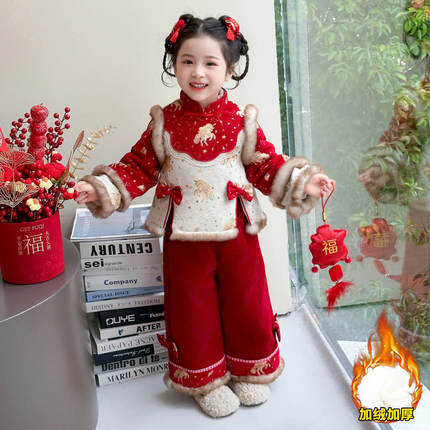 Girls Hanfu Outfit Winter Children Tangsuit Glitter Traditional Chinese New Year Ethic Customes Kids Thicken Warm Red Suits