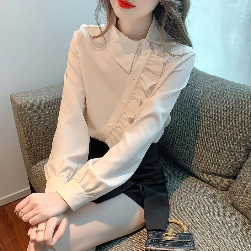 Simplicity Office Lady Autumn Women Solid Peter Pan Collar Button Pleated Korean Fashion Loose Long Sleeve Chiffon Shirt Tops