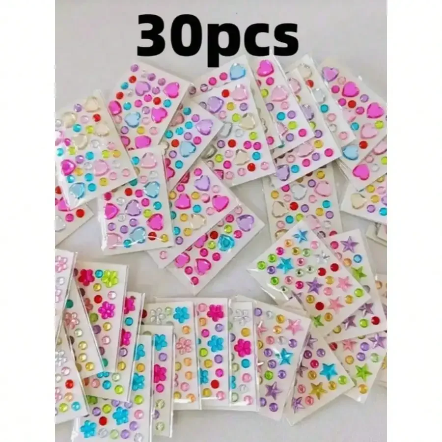 30pcs 3D Gem Stickers - Self-Adhesive Acrylic Gem Heart Stickers, Suitable For Valentine's Day, Face Decor, Glitter DIY Cosmetics, Music Festivals, Phone Cases, Skateboards, Guitars, Party Supplies, Luggage, Boxes, Helmets, Envelopes