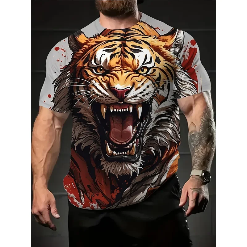 Men's 3D Tiger Print T-Shirt 2026 Realistic Ferocious Face Graphic Tee Breathable Polyester Loose Short Sleeve Gym Outdoor