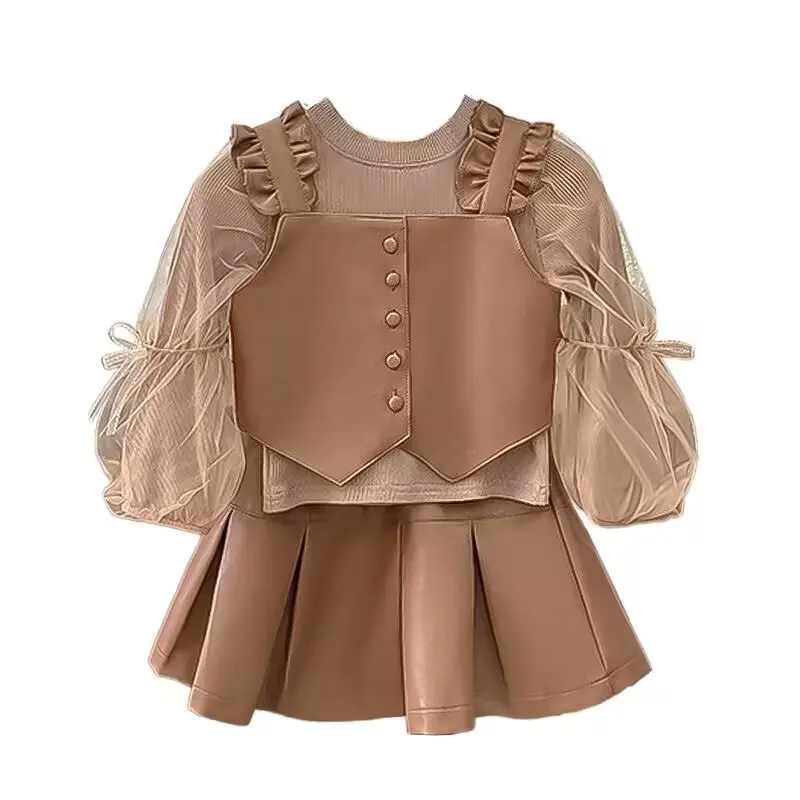 Children Autumn Winter New Style Long Sleeve Sweater Vest PU Leather Short Skirt Girls Three Piece Set