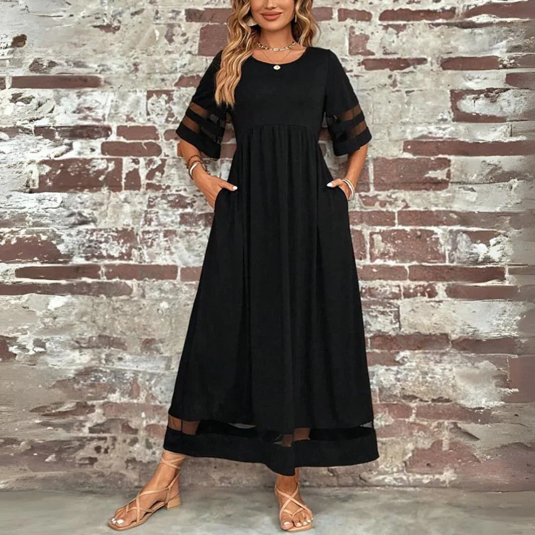 

2026 New Fashion Lace Lotus Leaf Dresses Women Summer Casual Loose Solid Color Splicing Pocket Round Neck Dress For Women