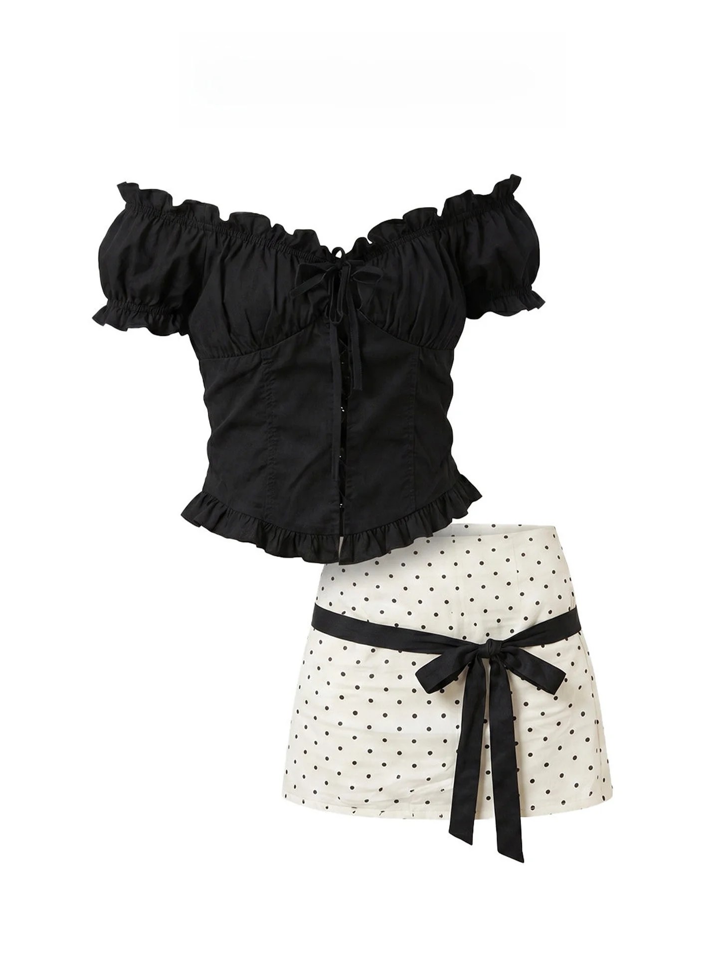

Summer Women's T-shirt Skirt Set Black Waist-Cinching Bow-Tie Short-Sleeve Polka Dot Half-Body Dress Casual Fashion Outfit