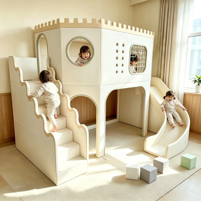 Neutral Wooden Kids Role Play House with Rotate Slide Indoor Playground Equipment for Play Cafe Nursery School Shopping Mall`