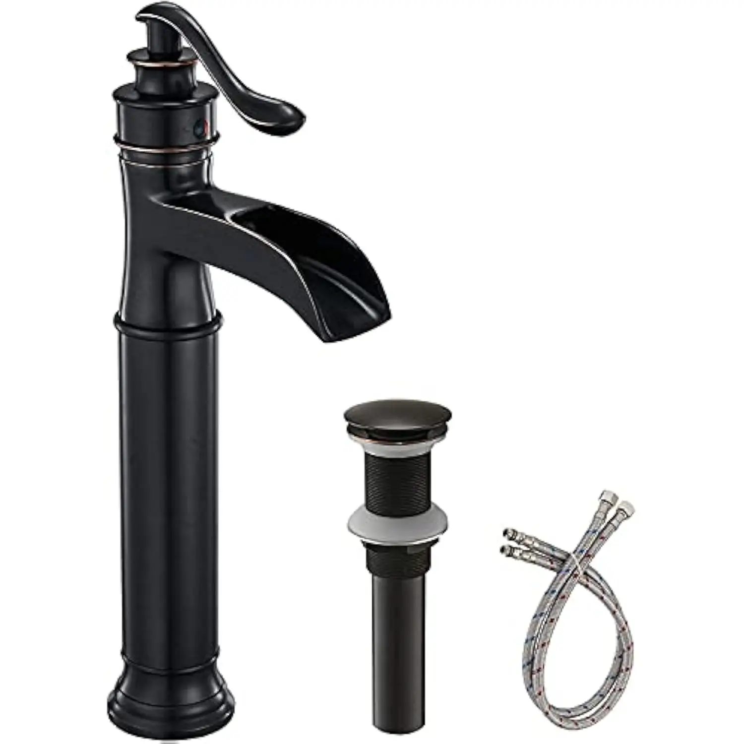 

Oil Rubbed Bronze Deck Mount Faucet with Waterfall Flow, Low Lead Brass Construction, Easy Installation, Drain Assembly Include