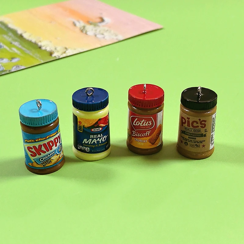 Abalorios de resina de mantequilla de maní y ensalada grande en miniatura 3D, 4 unidades por paquete, llavero de botella bonita, colgante de collar, accesorio para hacer joyería Diy
