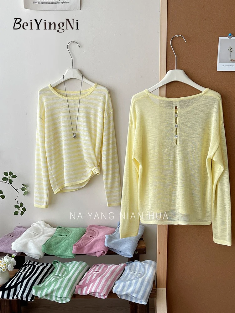 Beiyingni 2025 Summer Korean Loose Thin T-shirts Women Back Hollow Out Ice Silk Sunscreen Knitted Tops Striped Leisure T Shirts