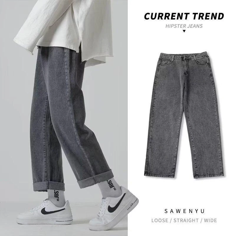 

Мужские модные мешковатые повседневные джинсы, мужские уличные прямые брюки, облегающие молодежные жизненные винтажные светло-голубые черные брюки