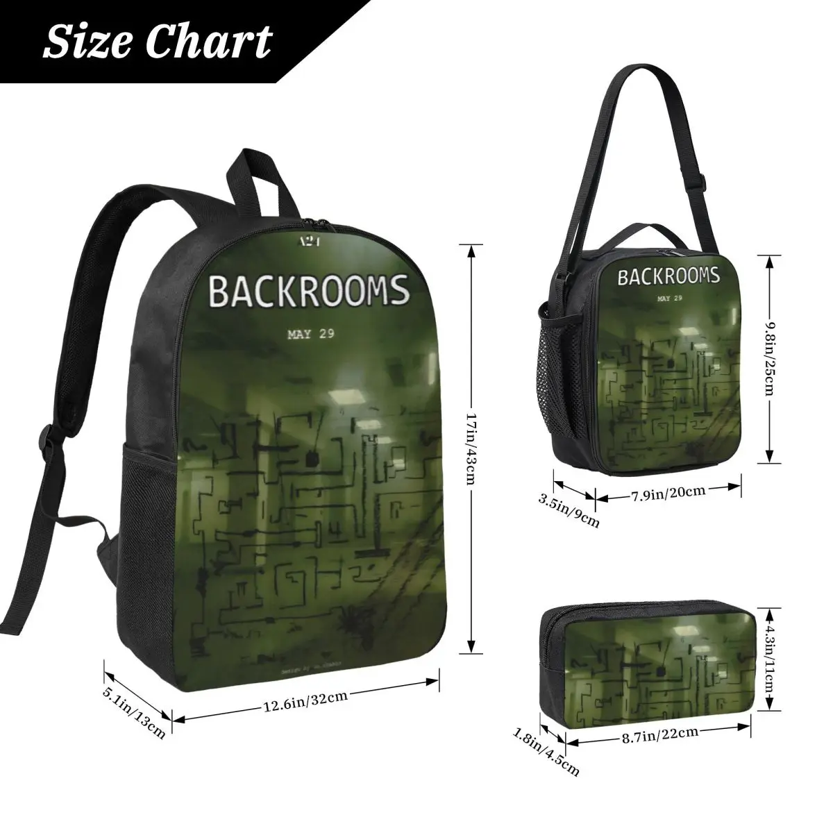 3Pcs Backrooms 2026 Theme Backpack Set for Boy Girl Pen Bags Bookbag Sets with Lunch Box For School Students Daypack