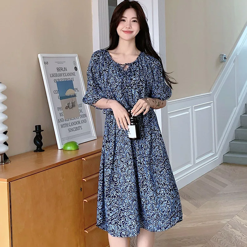 Sweet Round Neck Half Sleeve Skirt Pajama Colorful Printed Cotton Silk Nightdress in Summer Female Home Wear Women's Clothing