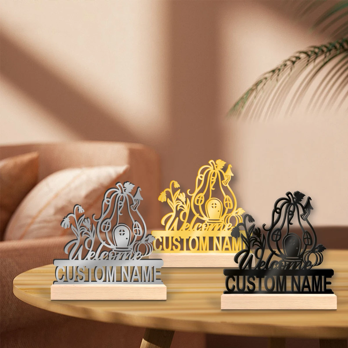 1pc Customizable Wrought Iron Desktop Decoration Custom Content Equipped with A Wooden Base Bar Decoration, Holiday Gifts